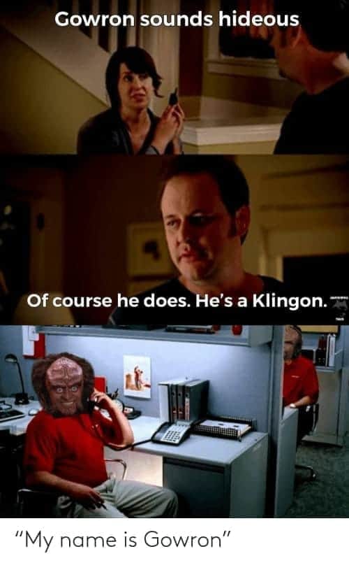This meme is a humorous image that juxtaposes a serious, dramatic scene from the TV show "Star Trek: Deep Space Nine" with a ridiculous, absurd caption. The image shows a character from the show, Worf, looking stern and serious, but the caption "I'm not Worf, I'm Worf" is replaced with "I'm not Worf, I'm... GOWRON!"